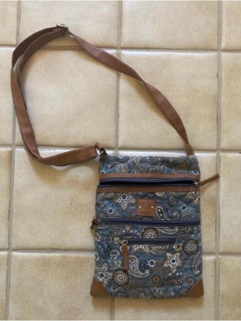 Stone Mountain Accessories Blue Paisley Crossbody Bag with Brown Accents